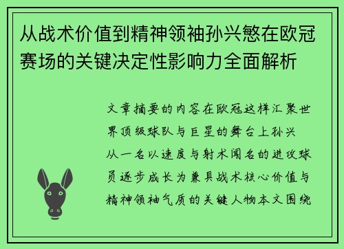 从战术价值到精神领袖孙兴慜在欧冠赛场的关键决定性影响力全面解析 从战术价值到精神领袖孙兴慜在欧冠赛场的关键决定性影响力全面解析